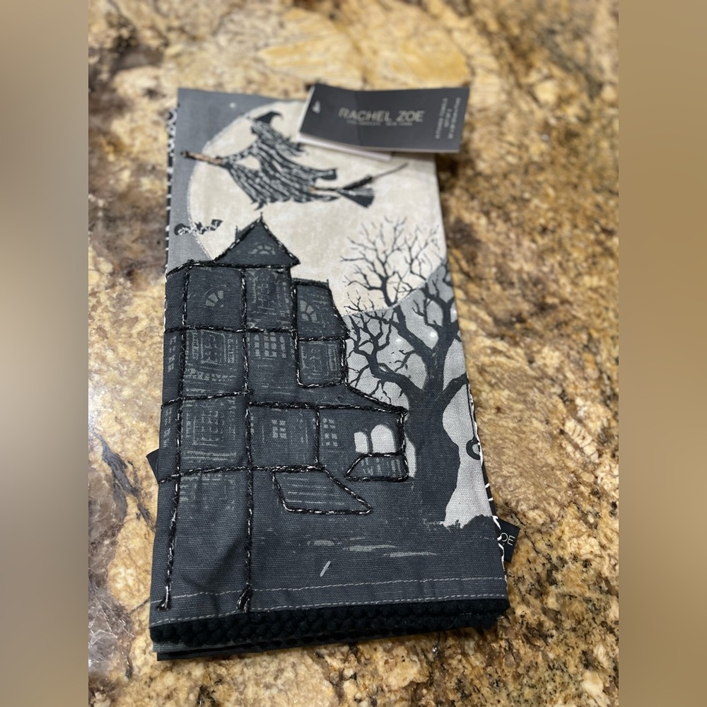 Rachel Zoe embroidered haunted mansion and broomstick witch Kitchen towels NEW